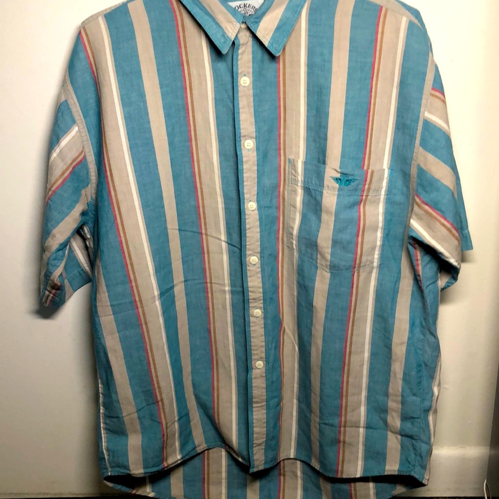 Blue and Tan Dockers shirt sleeve casual button up